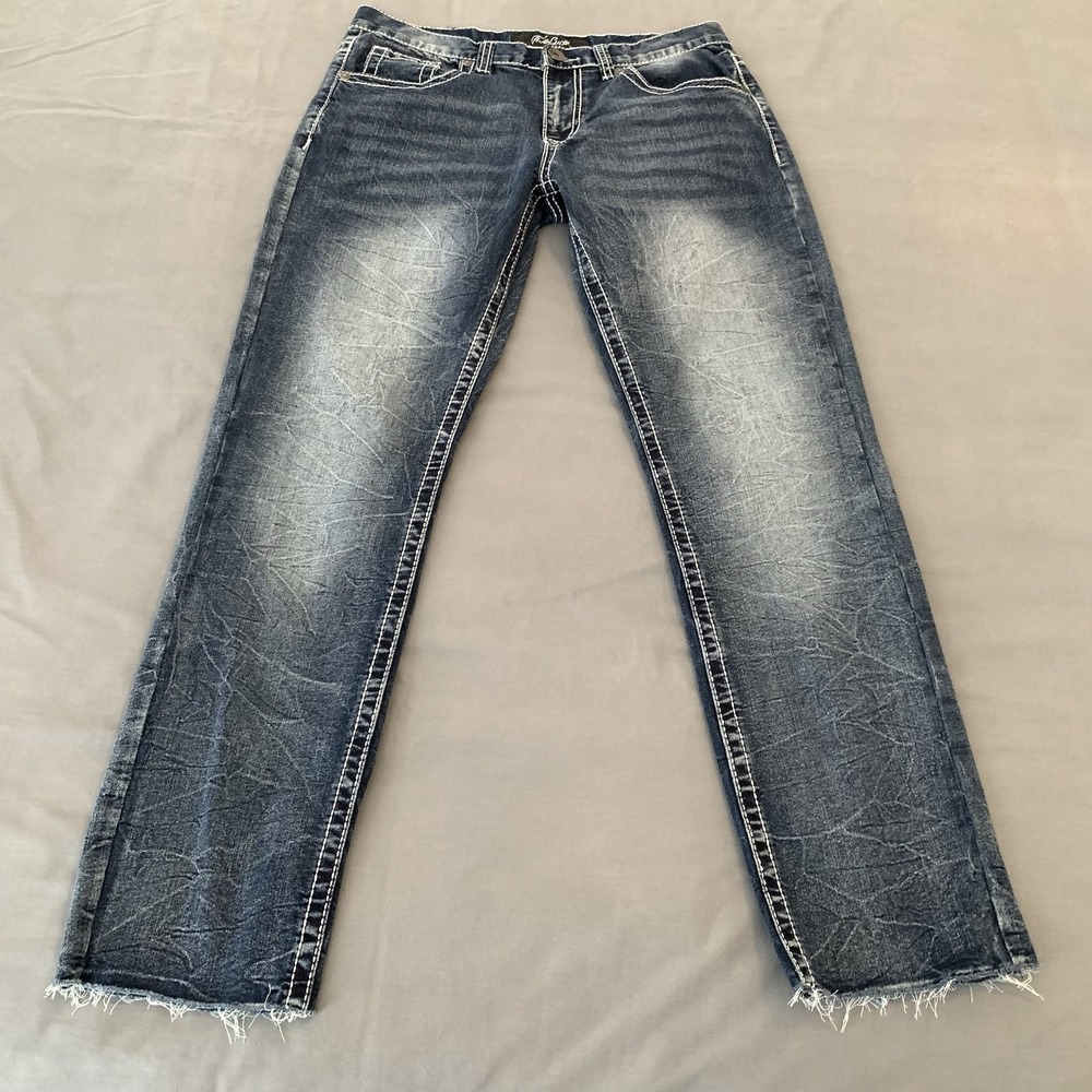 True Luck Jeans Mens 32x32 Blue Wash Straight Distressed Stretch Denim Pants